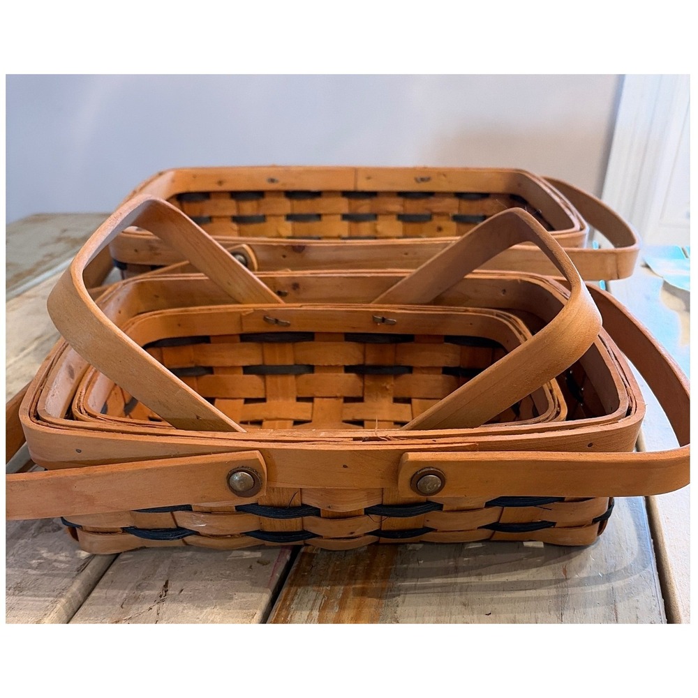 Vintage Set of (3) Rectangular Nesting Baskets Double Swing Handles Woven - Picture 4 of 16